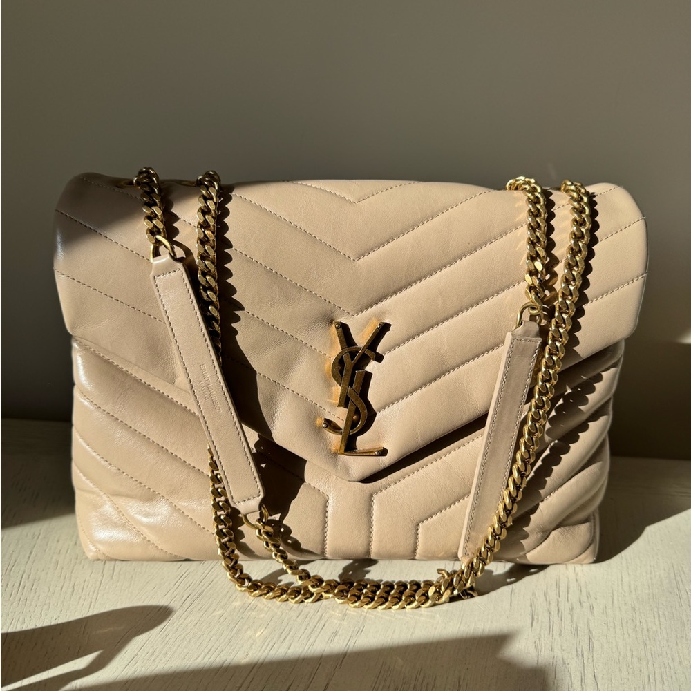 Yves Saint Laurent Taupe Quilted Shoulder Bag with Gold Chains